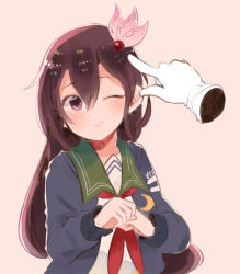Rule 34 | 10s, 1girl, ;), blue jacket, brown eyes, brown hair, crescent, crescent pin, gloves, hair ornament, itomugi-kun, jacket, kantai collection, kisaragi (kancolle), long hair, neckerchief, one eye closed, red neckerchief, remodel (kantai collection), school uniform, serafuku, single hand, smile, white gloves