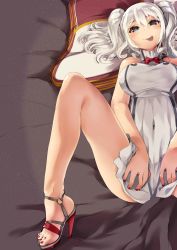 Rule 34 | 10s, 1girl, :p, absurdres, adapted costume, armadillo-tokage, bad id, bad twitter id, blue eyes, blush, breasts, covered navel, dress, feet, high heels, highres, kantai collection, kashima (kancolle), knees up, large breasts, legs, looking at viewer, lying, nail polish, on back, toeless footwear, red nails, sandals, shoes, silver hair, sleeveless, sleeveless dress, solo, toes, tongue, tongue out, twintails