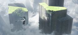 Rule 34 | 1other, abandoned, ambiguous gender, asteroid ill, black coat, black pants, building, cloud, coat, day, drone, flying, highres, long hair, midair, original, outdoors, overgrown, pants, robot, ruins, scenery, science fiction, skyscraper, solo, white hair