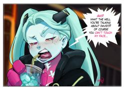 Rule 34 | 1girl, blue hair, blue skin, blush, colored sclera, colored skin, comic, cyberpunk (series), cyberpunk edgerunners, drinking straw, english text, highres, ice, ice cube, long hair, looking at another, nagainosfw, open mouth, rebecca (cyberpunk), red sclera, signature, speech bubble, sweatdrop, teeth, tongue