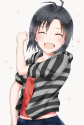 Rule 34 | 1girl, :d, antenna hair, black hair, blue pants, blush, clenched hand, closed eyes, highres, hood, hood down, hooded jacket, idolmaster, idolmaster (classic), jacket, kikuchi makoto, mogskg, open mouth, pants, red shirt, shirt, short hair, short sleeves, simple background, smile, solo, standing, striped clothes, striped jacket, upper body, white background