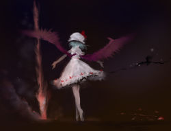 Rule 34 | 1girl, barefoot, blue hair, capelet, dress, from behind, hat, hi-yo, outstretched arms, remilia scarlet, short hair, solo, spear the gungnir, spread arms, standing, touhou, wings