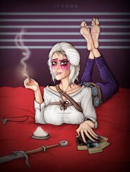 Rule 34 | 1girl, absurdres, bad source, barefoot, breasts, cigarette, ciri, crossover, feet, gwent (game), highres, holding, holding cigarette, ivarou, lying, on stomach, pulp fiction, soles, solo, teasing, the pose, the witcher (series), witch
