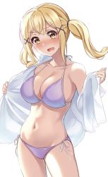 Rule 34 | 1girl, aranami shibuki, bang dream!, bikini, blonde hair, blush, breasts, cleavage, collarbone, collared shirt, commentary request, cowboy shot, groin, hair between eyes, hair ornament, halterneck, highres, ichigaya arisa, large breasts, long hair, looking at viewer, midriff, navel, nose blush, open mouth, purple bikini, resolution mismatch, shirt, side-tie bikini bottom, sidelocks, simple background, single bare shoulder, solo, source larger, standing, string bikini, swimsuit, twintails, undressing, white background, white shirt, x hair ornament, yellow eyes