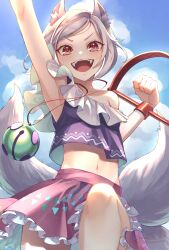 Rule 34 | 1girl, animal ears, armpits, arms up, blush, dog ears, dog tail, fangs, bear trap, frilled skirt, frills, grey hair, highres, mitsugashira enoko, multiple tails, navel, open mouth, pink skirt, purple shirt, red eyes, shirt, short hair, signature, skirt, smile, solo, tail, touhou, twitter username, unfinished dream of all living ghost, user gcxy7887