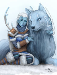 Rule 34 | 1girl, animal, aqua eyes, aqua skin, aqua theme, artist name, blue lips, blue scarf, boots, braid, breasts, cape, closed mouth, cold, colored skin, commentary, dated, deviantart username, english commentary, eyebrows, face, facial mark, fur, fur-trimmed boots, fur-trimmed cape, fur boots, fur cape, fur trim, gradient background, highres, italian commentary, kaldr, lips, long hair, medium breasts, mixed-language commentary, nose, nostrils, realistic, scarf, sciamano240, signature, sitting, skadi (smite), smile, smite, snow, tumblr username, watermark, web address, white fur, white hair, winter clothes, wolf