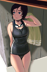 Rule 34 | bad id, bad pixiv id, black hair, black one-piece swimsuit, blue eyes, brown hair, cowboy shot, goggles, kouno (masao), leaning, one-piece swimsuit, original, school swimsuit, short hair, solo, swimsuit, towel