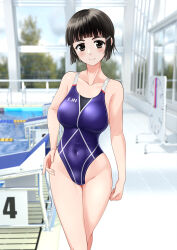 Rule 34 | 1girl, absurdres, alternate costume, black eyes, black hair, blue one-piece swimsuit, blunt bangs, breasts, commentary request, competition swimsuit, covered navel, cowboy shot, hair ornament, hairclip, highleg, highleg swimsuit, highres, indoors, kantai collection, large breasts, looking at viewer, myoukou (kancolle), one-piece swimsuit, pool, poolside, short hair, smile, solo, standing, swimsuit, takafumi, variant set