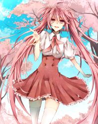 Rule 34 | 1girl, alternate color, alternate hair color, bad id, bad pixiv id, cherry blossoms, hatsune miku, highres, long hair, name connection, noka (blackheart1118), object namesake, open mouth, petals, pink eyes, pink hair, sakura miku, smile, solo, thighhighs, twintails, very long hair, vocaloid, zettai ryouiki