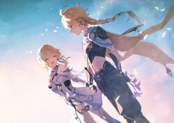 Rule 34 | 1boy, 1girl, aether (genshin impact), ahoge, arm armor, armor, artist name, baggy pants, bare shoulders, black footwear, black gloves, black pants, black shirt, blonde hair, blue sky, blush, boots, braid, breasts, brother and sister, closed eyes, closed mouth, cloud, cloudy sky, day, detached sleeves, dress, earrings, feather hair ornament, feathers, fingerless gloves, flower, fomnant, genshin impact, gloves, gold trim, grey ribbon, hair between eyes, hair flower, hair ornament, hair ribbon, hand up, happy, highres, holding, holding flower, holding hands, jewelry, long hair, long sleeves, looking at another, lumine (genshin impact), medium breasts, open mouth, orange eyes, outdoors, pants, petals, pink clouds, purple flower, ribbon, scarf, shirt, short hair, short sleeves, shoulder armor, siblings, sidelocks, single earring, sky, smile, standing, star (symbol), teeth, thigh gap, tongue, white dress, white flower, white footwear, white scarf