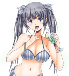 Rule 34 | 1girl, bikini, blue eyes, drink, licking, macfist, one eye closed, original, sarong, silver hair, solo, swimsuit, tongue, tongue out, twintails