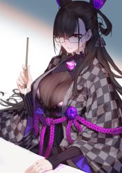 Rule 34 | 1girl, black hair, breasts, calligraphy brush, cancer (zjcconan), checkered clothes, cone hair bun, double bun, eyewear strap, fate/grand order, fate (series), glasses, hair bun, hair ornament, hair over one eye, highres, japanese clothes, large breasts, long hair, long sleeves, looking down, murasaki shikibu (fate), murasaki shikibu (second ascension) (fate), paintbrush, red eyes, ribbed sweater, signature, solo, sweater, very long hair