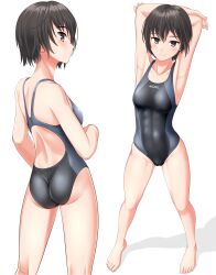 Rule 34 | 1girl, abs, absurdres, amagami, arms behind head, ass, barefoot, black hair, black one-piece swimsuit, breasts, brown eyes, competition swimsuit, cowboy shot, highres, looking at viewer, looking back, medium breasts, multiple views, nanasaki ai, one-piece swimsuit, short hair, simple background, standing, swimsuit, takafumi, two-tone swimsuit, white background