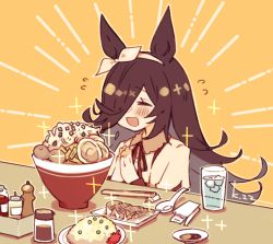 Rule 34 | 1girl, :d, ^ ^, animal ears, bow, bow hairband, bowl, brown hair, chopsticks, closed eyes, commentary request, cup, drinking glass, dumpling, closed eyes, food, fried rice, glass, hairband, horse ears, horse girl, jiaozi, kasuga haruhi, long hair, noodles, open mouth, own hands together, pepper shaker, plate, ramen, rice, rice shower (umamusume), smile, solo, soy sauce, sparkle, table, umamusume, very long hair, water, white bow, white hairband