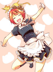 Rule 34 | 10s, 1girl, :d, ^ ^, apron, blush, cat, chado, closed eyes, closed eyes, gloves, hoshizora rin, love live!, love live! school idol festival, love live! school idol project, maid, maid apron, maid headdress, open mouth, orange hair, outstretched arms, pinstripe pattern, short hair, smile, solo, spread arms, striped, waist apron