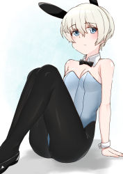 Rule 34 | 0:00, 1girl, alternate costume, animal ears, black bow, black bowtie, black footwear, black pantyhose, blue eyes, blue leotard, bow, bowtie, breasts, closed mouth, collar, commentary, detached collar, fake animal ears, girls und panzer, high heels, highres, legs, leotard, light frown, looking at viewer, pantyhose, playboy bunny, rabbit ears, short hair, silver hair, sitting, small breasts, solo, strapless, strapless leotard, symbol-only commentary, white collar, wrist cuffs, youko (girls und panzer)