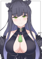 Rule 34 | 1girl, absurdres, animal ear fluff, animal ears, bare shoulders, black dress, black hair, blue archive, blush, breasts, cleavage, closed mouth, collarbone, commentary request, covered collarbone, dress, fur trim, green eyes, high ponytail, highres, large breasts, looking at viewer, ponytail, sato art, shun (blue archive), signature, smile, solo, upper body, white background