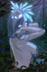 Rule 34 | 1girl, back, back focus, bare back, bare shoulders, black hair, breasts, chinese commentary, commentary, eyes visible through hair, from behind, fuwaro no piow, glowing, glowing eyes, hair censor, hair ornament, hair over breasts, hair over one breast, hair over shoulder, hands in hair, highres, large breasts, leaf, long hair, looking at viewer, looking back, nature, oshabi (path of exile), path of exile, redrawn, runny makeup, shoulder blades, sideboob, skull, skull hair ornament, solo, upper body, white eyes
