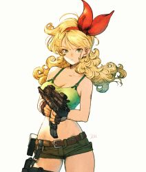 Rule 34 | 1girl, belt, blonde hair, breasts, cargo shorts, closed mouth, collarbone, dragon ball, green eyes, gun, highres, holding, holding gun, holding weapon, kuroimori, long hair, looking at viewer, lunch (bad) (dragon ball), lunch (dragon ball), medium breasts, shorts, solo, wavy hair, weapon