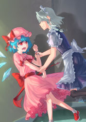 Rule 34 | 2girls, absurdres, alternate eye color, apron, arm grab, artist name, ascot, black legwear, blue dress, blue hair, bobby socks, bow, braid, chinese commentary, cirno, colored eyelashes, commentary request, cosplay, crying, crying with eyes open, dress, feet out of frame, from side, gaanzi, grabbing, grin, hat, hat bow, highres, ice, ice wings, indoors, izayoi sakuya, looking at another, maid, maid apron, maid headdress, mob cap, multiple girls, open mouth, pink dress, pink headwear, profile, puffy short sleeves, puffy sleeves, red ascot, red bow, red eyes, red footwear, red sash, remilia scarlet, remilia scarlet (cosplay), sash, shadow, shirt, shoes, short dress, short hair, short sleeves, signature, silver hair, smile, socks, tears, thighhighs, touhou, v-shaped eyebrows, waist apron, white apron, white legwear, white shirt, wings