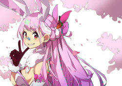 Rule 34 | 1girl, absurdres, alternate hair color, alternate hairstyle, animal ear fluff, animal ears, arm garter, bandaid, bandaid on face, bandaid on nose, black gloves, black leotard, blush, braid, breasts, carrot hair ornament, cherry blossoms, commentary, don-chan (usada pekora), dress, food-themed hair ornament, french braid, from side, fur-trimmed gloves, fur scarf, fur trim, gloves, grin, hair ornament, highres, hololive, leotard, long hair, looking at viewer, medium breasts, multicolored hair, petals, pink hair, rabbit ears, red eyes, sideboob, simple background, smile, solo, strapless, strapless dress, streaked hair, symbol-shaped pupils, thick eyebrows, two-tone hair, upper body, usada pekora, usada pekora (1st costume), ushiki yoshitaka, v, virtual youtuber, white background, white dress, white hair