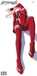Rule 34 | 1girl, absurdres, artist logo, bodysuit, breasts, character name, commentary, copyright name, covered navel, darling in the franxx, english commentary, full body, hair spread out, hand up, highres, horns, j adsen, knee up, long hair, looking at viewer, lying, medium breasts, on back, parted lips, pink hair, red bodysuit, simple background, solo, white background, zero two (darling in the franxx)