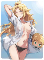 Rule 34 | 1girl, ahoge, arm behind head, arm up, artoria pendragon (all), artoria pendragon (fate), black panties, blonde hair, blue background, blush, blush stickers, border, breasts, character doll, closed eyes, closed mouth, collarbone, collared shirt, commentary request, fang, fang out, fate/apocrypha, fate/stay night, fate (series), food, forehead, gradient background, green eyes, hair pulled back, highres, long hair, mordred (fate), mordred (fate/apocrypha), navel, nesoberi, no bra, onigiri, open clothes, open shirt, panties, parted bangs, photoshop (medium), saber (fate), shirt, short sleeves, small breasts, solo, stuffed toy, thighs, tonee, underwear, white border, white shirt
