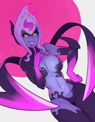 Rule 34 | 1girl, :d, blue skin, breasts, cleavage, colored skin, cowboy shot, evelynn (league of legends), finger to mouth, fingernails, highres, league of legends, lipstick, makeup, medium breasts, navel, open mouth, scythe, sharp fingernails, smile, solo, splashbrush, white hair, yellow eyes