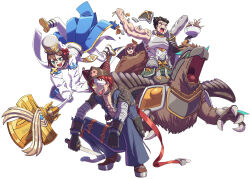 Rule 34 | 1girl, 3boys, abs, abyss chaser (ragnarok online), anger vein, black gloves, black hair, blue coat, blue pants, blue shirt, boots, bow, brown bandana, brown eyes, brown hair, cardinal (ragnarok online), coat, cropped jacket, cross, eyepatch, fang, fish cake, food, full body, gloves, green eyes, griffin, gryphon (ragnarok online), hat, hat bow, highres, holding, holding knife, imperial guard (ragnarok online), jacket, jumping, knife, long sleeves, looking at viewer, male focus, medical eyepatch, mitre, multiple boys, noodles, open mouth, pants, ragnarok online, red bow, red eyes, red hair, sailor hat, second-party source, sharp teeth, shiheki, shirt, short hair, simple background, smile, soumen, squatting, teeth, tongue, tongue out, torn clothes, torn shirt, white background, white footwear, white gloves, white headwear, white jacket, white pants, yellow eyes