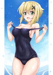 Rule 34 | 1girl, akatsuki kirika, bare shoulders, blonde hair, blue one-piece swimsuit, blush, breasts, cameltoe, cleavage, clothes pull, covered navel, green eyes, hair ornament, looking at viewer, medium breasts, one-piece swimsuit, one-piece swimsuit pull, outdoors, r-binon, school swimsuit, senki zesshou symphogear, shiny skin, short hair, solo, standing, swimsuit, water, x hair ornament