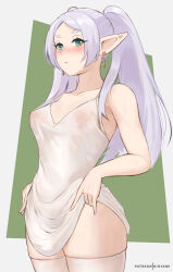 Rule 34 | 1girl, aged up, artist name, bare arms, bare shoulders, blush, breasts, closed mouth, clothes lift, collarbone, commentary, cowboy shot, dress, dress lift, earrings, elf, embarrassed, english commentary, expressionless, female focus, frieren, green background, highres, hioyami, jewelry, large breasts, lifting own clothes, long hair, looking at viewer, pointy ears, simple background, solo, sousou no frieren, standing, thick eyebrows, thighhighs, thighs, twintails, two-tone background, white background, white dress, white hair, white thighhighs