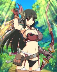 Rule 34 | 1girl, alternate costume, archery, armband, armor, arrow (projectile), asymmetrical gloves, belt, belt buckle, belt pouch, bikini armor, black hair, black panties, blue sky, blunt bangs, blush, bow (weapon), bra, breasts, brown belt, brown bra, brown eyes, brown garter straps, brown gloves, buckle, building, bush, chimney, cleavage, closed mouth, collarbone, compound bow, day, detached collar, fantasy, forest, garter belt, gloves, grass, hair ornament, highres, holding, holding arrow, holding bow (weapon), holding weapon, house, large breasts, leaf, linea alba, long hair, looking at viewer, midriff, mismatched gloves, muneate, nature, navel, official art, panties, pouch, quiver, revealing clothes, senran kagura, senran kagura new wave, shiny skin, single shoulder pad, sky, smile, solo, standing, sunlight, thighhighs, tree, tsubaki (senran kagura), underwear, weapon, yaegashi nan
