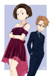 Rule 34 | 2girls, asymmetrical hair, black-framed eyewear, black necktie, blue background, blue pants, blue suit, bracelet, breasts, brown eyes, brown hair, crossed arms, dress, earrings, formal, frown, hands in pockets, harukawa fuki, highres, jewelry, koma inu (komainu mainu), lycoris recoil, multiple girls, necklace, necktie, otome sakura, pants, purple eyes, red dress, short hair, sidecut, simple background, small breasts, standing, suit, tomboy, undercut, very short hair