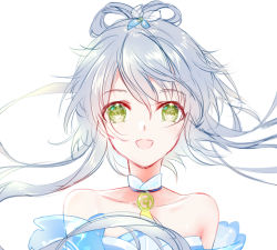 Rule 34 | 1girl, :d, choker, collarbone, floating hair, green eyes, hair between eyes, highres, long hair, looking at viewer, luo tianyi, open mouth, portrait, silver hair, simple background, smile, solo, strapless, very long hair, vocaloid, white background, yaduo