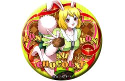 Rule 34 | 1girl, :3, animal ears, blonde hair, box, breasts, candy, carrot (one piece), chocolate, chocolate heart, dress, food, furry, furry female, gift, gift box, happy, heart, large breasts, looking at viewer, mink tribe, official art, one piece, open mouth, rabbit ears, rabbit girl, short hair, solo, upper body, valentine