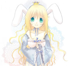 Rule 34 | 1girl, animal ears, blonde hair, blue dress, breasts, rabbit ears, cleavage, collarbone, crown, dress, green eyes, holding, holding sword, holding weapon, kayune niu, light smile, long hair, looking at viewer, off-shoulder dress, off shoulder, original, parted lips, solo, sword, upper body, very long hair, weapon