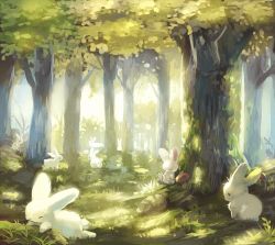 Rule 34 | rabbit, dappled sunlight, day, forest, grass, manino (mofuritaionaka), nature, no humans, original, outdoors, sitting, sleeping, sunlight, tree