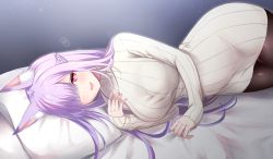 Rule 34 | 1girl, :d, animal ear fluff, animal ears, bed sheet, black pantyhose, blush, braid, breasts, commentary request, commission, eyes visible through hair, grey sweater, hair over one eye, kamishiro natsume, large breasts, long hair, long sleeves, looking at viewer, lying, mashiro aa, melty+, nail polish, on side, open mouth, pantyhose, pillow, pink nails, purple hair, red eyes, ribbed sweater, skeb commission, sleeves past wrists, smile, solo, sweater, very long hair, virtual youtuber