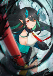 Rule 34 | 1girl, arknights, bare shoulders, black hair, black jacket, black skirt, blue hair, blue horns, breasts, commentary, dragon girl, dragon horns, dragon tail, dusk (arknights), eyes visible through hair, flame-tipped tail, floating hair, green hair, hair between eyes, highres, holding, horns, jacket, long hair, looking at viewer, medium breasts, multicolored hair, necktie, open clothes, open jacket, parted lips, pointy ears, red eyes, red necktie, shirt, signature, skirt, sleeveless, sleeveless shirt, slit pupils, solo, streaked hair, sy509, tail, very long hair, white shirt
