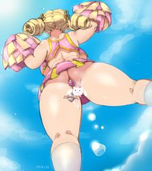 Rule 34 | 1girl, anal, anal object insertion, anus, arm up, artist name, ass, backboob, blonde hair, blue sky, breasts, breasts apart, butt plug, censored, cheerleader, cloud, cloudy sky, controller, crop top, day, drill hair, dripping, from behind, from below, hair ornament, highres, huge breasts, jewel butt plug, keigi, kneehighs, large breasts, legs apart, long hair, mahou shoujo madoka magica, mahou shoujo madoka magica (anime), midriff, miniskirt, no panties, novelty censor, object insertion, outdoors, pink skirt, pleated skirt, plump, pom pom (cheerleading), public indecency, public vibrator, pussy juice, remote control, sex toy, shoulder blades, skirt, sky, socks, solo, standing, sweat, tape, thick arms, thick thighs, thighs, tomoe mami, twin drills, twintails, underboob, vibrator, vibrator under clothes