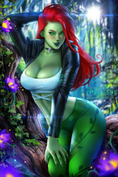 Rule 34 | 1girl, ayya sap, blush, bra, breasts, choker, cleavage, colored skin, dc comics, flower, green eyes, green pants, green skin, jacket, large breasts, leather, leather jacket, long hair, looking at viewer, midriff, open clothes, open jacket, outdoors, pants, poison ivy, red hair, solo, tree, underwear, white bra