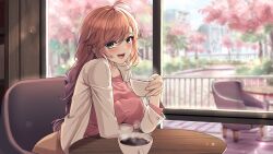Rule 34 | 1girl, :d, ahoge, arm under breasts, beige jacket, benevolent leanne, black bra, blurry, blurry background, blush, bra, bra visible through clothes, breasts, brown hair, building, cafe, chair, cherry blossoms, cityscape, coffee, cup, day, from side, hand up, highres, holding, holding cup, indoors, jacket, large breasts, last origin, leaning forward, leaning on object, leaning on table, lens flare, long hair, long sleeves, looking at viewer, looking to the side, multicolored eyes, open clothes, open jacket, open mouth, pink shirt, pinkmarine, railing, round table, see-through, see-through shirt, shirt, sitting, smile, solo, steam, sunlight, swept bangs, table, teeth, tongue, tree, underwear, upper body, upper teeth only, white jacket, window, wooden table