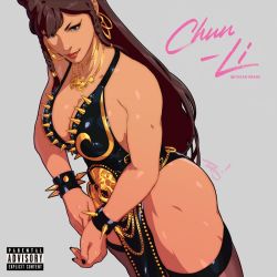 Rule 34 | 1girl, album cover, bracelet, breasts, capcom, chun-li, cosplay, cover, dress, earrings, fake cover, hair down, jewelry, large breasts, muscular, muscular female, necklace, nicki minaj (cosplay), official alternate costume, parental advisory, pelvic curtain, solo, spiked bracelet, spikes, street fighter, the art mage, thick thighs, thighhighs, thighs