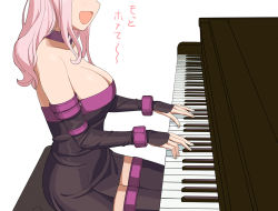 Rule 34 | 1girl, :d, a1 (initial-g), bare shoulders, black thighhighs, blush, breasts, choker, cleavage, commentary request, cosplay, fate/stay night, fate (series), fujiwara chika, head out of frame, instrument, kaguya-sama wa kokurasetai ~tensai-tachi no renai zunousen~, large breasts, long hair, medusa (fate), medusa (rider) (fate), medusa (rider) (fate) (cosplay), open mouth, piano, pink hair, purple choker, simple background, sitting, smile, solo, thighhighs, translation request, white background