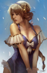 Rule 34 | 1girl, artist name, blonde hair, blue background, braid, breasts, cleavage, collarbone, gradient background, hair ornament, hairband, image sample, league of legends, long hair, looking away, looking to the side, lux (league of legends), marie magny, medium breasts, one-piece swimsuit, own hands together, parted lips, realistic, signature, skyzocat, solo, swimsuit, very long hair