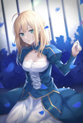 Rule 34 | 1girl, absurdres, ahoge, alternate hairstyle, artoria pendragon (all), artoria pendragon (fate), blonde hair, blue dress, blue flower, blue rose, breasts, clothing cutout, commentary, dress, fate/grand order, fate/stay night, fate (series), flower, green eyes, hair between eyes, highres, juliet sleeves, long hair, long sleeves, looking at viewer, medium breasts, petals, puffy sleeves, remieru, rose, saber (fate), seiza, sitting, solo