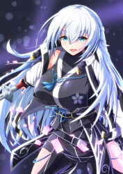 Rule 34 | 1girl, absurdres, blue eyes, breasts, clothing cutout, coat, double-parted bangs, eiyuu densetsu, hair between eyes, half updo, highres, holding, holding sword, holding weapon, katana, kuro no kiseki, large breasts, light xion, long hair, looking at viewer, open clothes, open coat, open mouth, shizuna rem misurugi, smile, solo, sword, thigh cutout, thighhighs, weapon, white hair