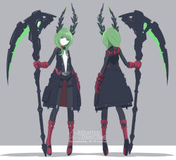 1girl 32zzz alternate_costume artist_logo artist_name black_bodysuit black_jacket black_rock_shooter:_dawn_fall bodysuit dead_master demon_horns flat_chest full_body gloves green_eyes green_hair grey_background high_heels highres holding holding_scythe horns jacket logo navel open_bodysuit open_clothes open_jacket red_gloves scythe sidelocks solo watermark