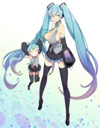Rule 34 | 2girls, \o/, aqua eyes, aqua hair, armpits, arms up, bare shoulders, black legwear, boots, breasts, chibi miku, child, cleavage, detached sleeves, dual persona, closed eyes, hair ornament, happy, hatsune miku, headset, large breasts, long hair, mikurou (nayuta), multiple girls, necktie, open mouth, outstretched arms, shirt, skirt, sleeveless, sleeveless shirt, smile, star (symbol), strap, thigh boots, thighhighs, twintails, very long hair, vocaloid, zettai ryouiki