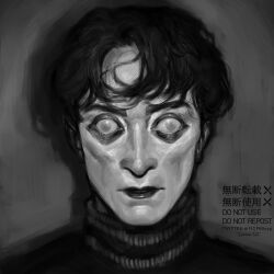 Rule 34 | 1boy, abstract background, bulging eyes, cesare (caligari), cheekbones, eyeliner, greyscale, looking at viewer, makeup, male focus, monochrome, parted lips, pokki-tabetai, portrait, realistic, short hair, solo, straight-on, sweater, the cabinet of dr. caligari, turtleneck, turtleneck sweater, twitter username, wall-eyed, watermark, wide-eyed